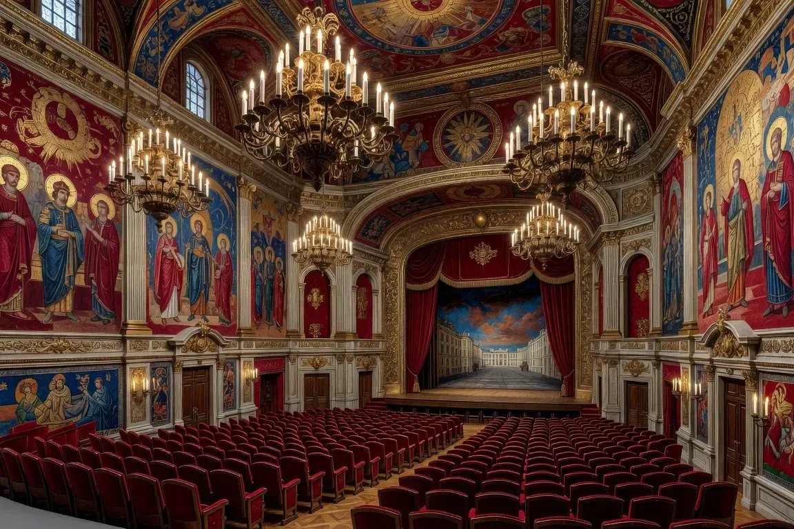 Maquette de décor d'opéra russe du XIXe siècle, salle avec fresques et dorures, perspective scénique fascinante (reconstitution historique)