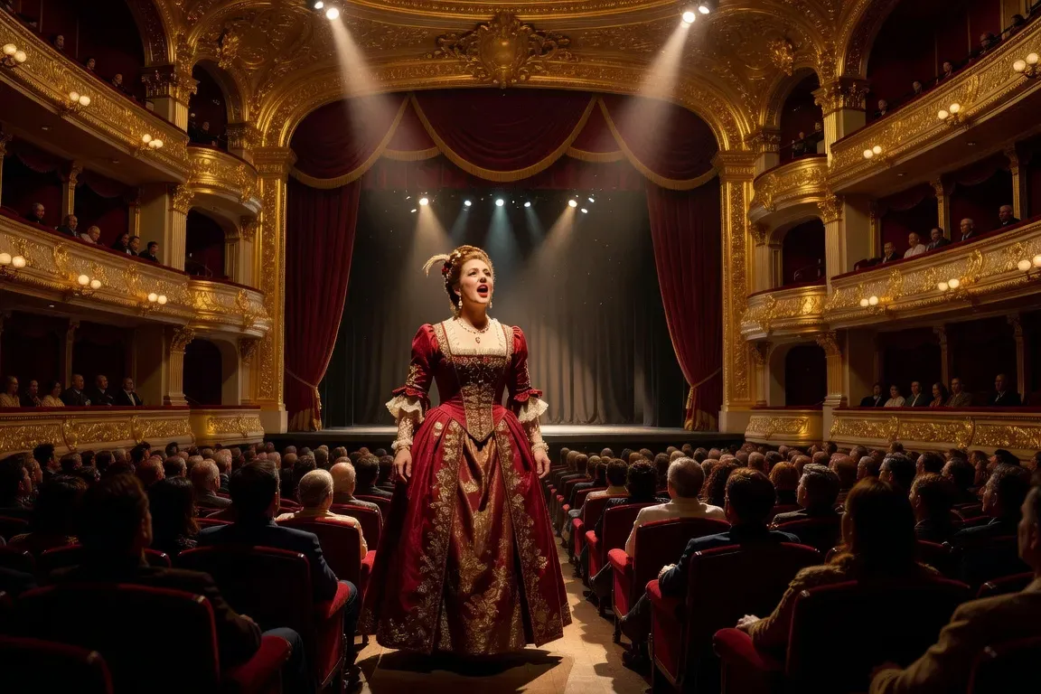 Représentation d'opéra dans une grande salle russe avec balcons dorés, projecteurs de scène, public en tenue de soirée (atmosphère lyrique)