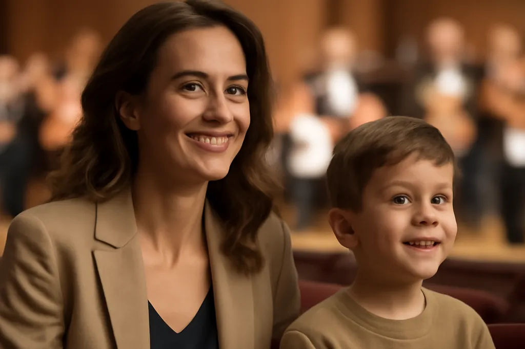 Mere et enfant souriants assis dans une salle de concert, orchestre en arriere-plan