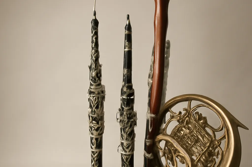 Instruments d'orchestre presentes cote a cote : flute, hautbois, clarinette, basson, cor