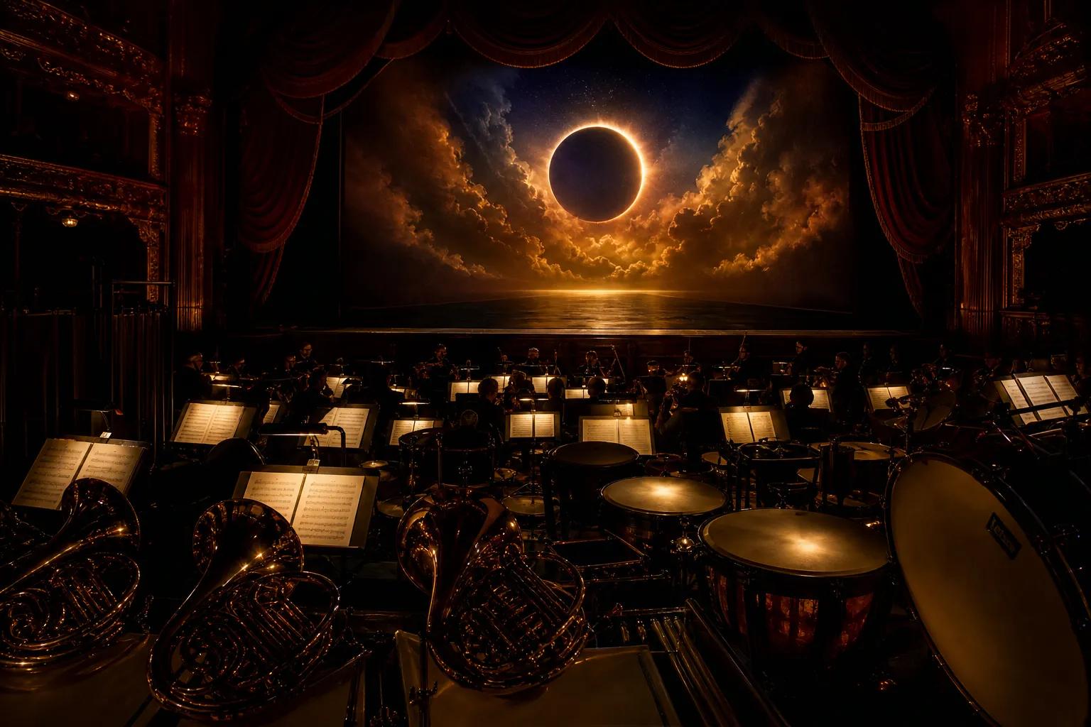 Fosse d'orchestre avec cors, percussions et cordes, scène lointaine éclairée comme une éclipse théâtrale