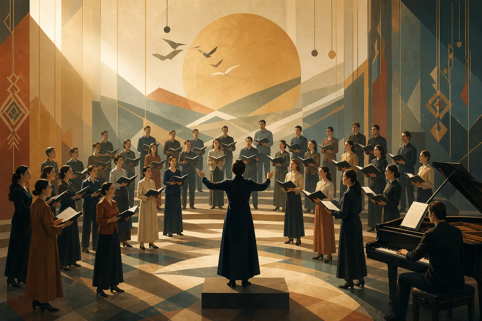 Chœur d'opéra en répétition, mouvements collectifs et costumes abstraits inspirés de motifs de steppe sans caricature ethnique