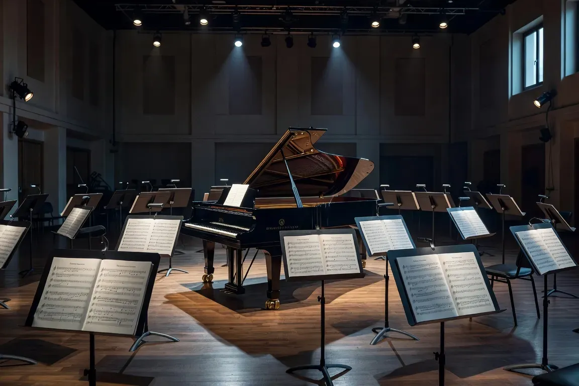 Salle de répétition avec piano de concert et pupitres d'orchestre, lumières de scène froides (atmosphère de travail)