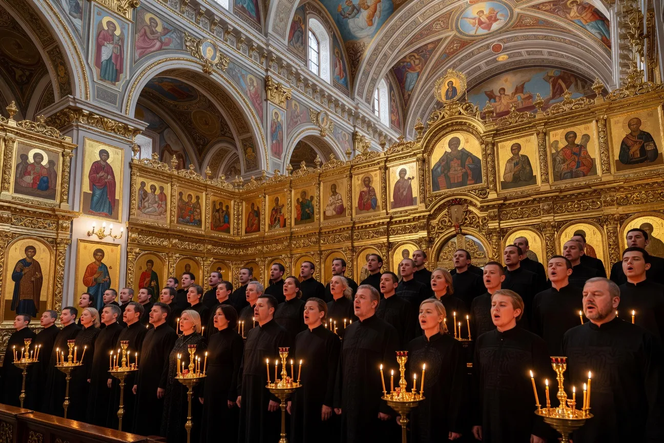 Chœur orthodoxe russe en robes noires chantant a cappella dans une cathédrale aux voûtes dorées, lumière de bougies