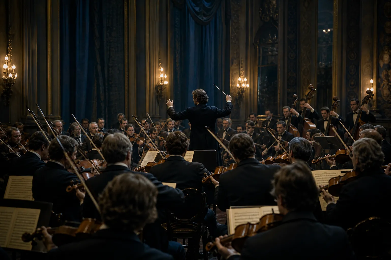 Chef face à un orchestre, cordes en mouvement et reflets bleus évoquant la houle sans décor littéral