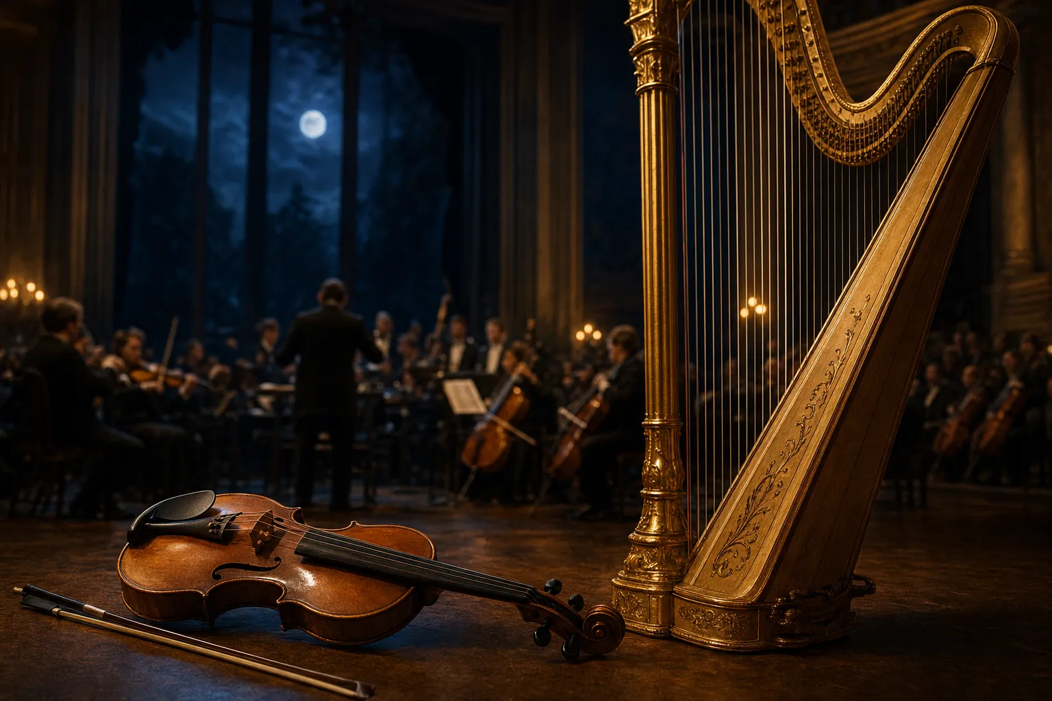 Violon solo et harpe au premier plan, orchestre estompé dans une lumière dorée rappelant une narration nocturne