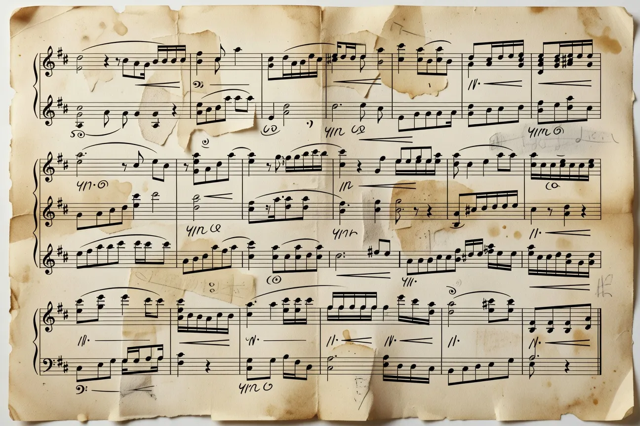 Partitions manuscrites de musique contemporaine soviétique, carnet de compositeur et stylo sur un bureau des années 1970