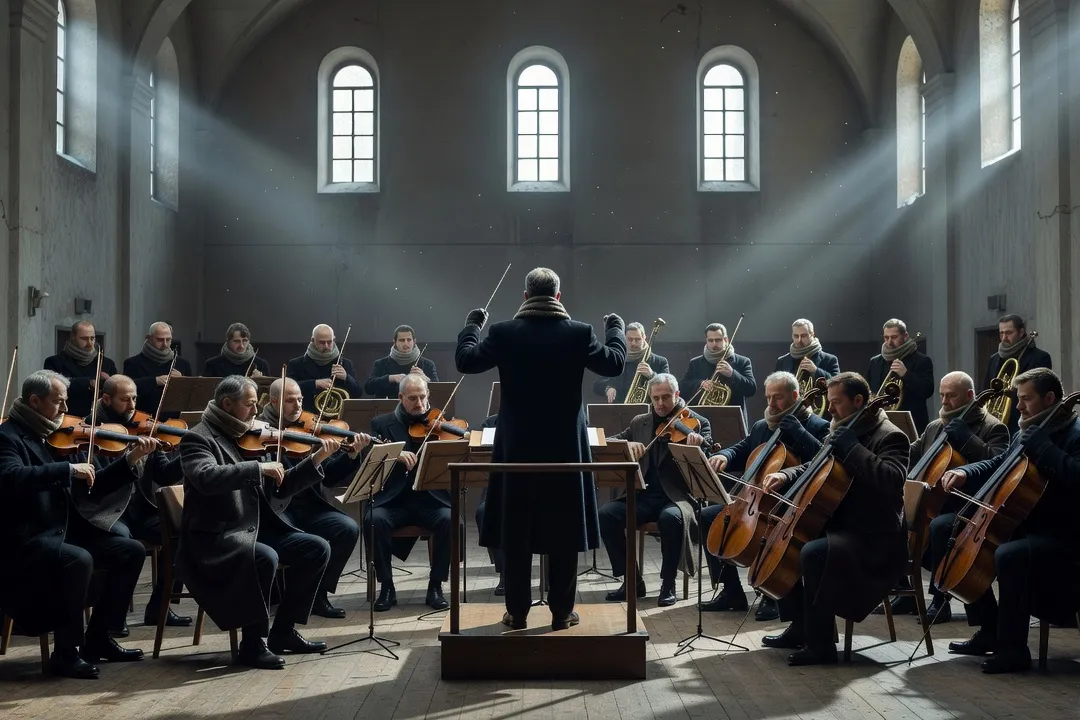 Orchestre symphonique en repetition dans une salle non chauffee, musiciens emmitoufles sous une lumiere hivernale