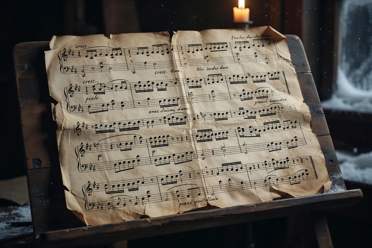 Partition manuscrite ancienne posee sur un pupitre eclaire a la bougie, atmosphere hivernale austere