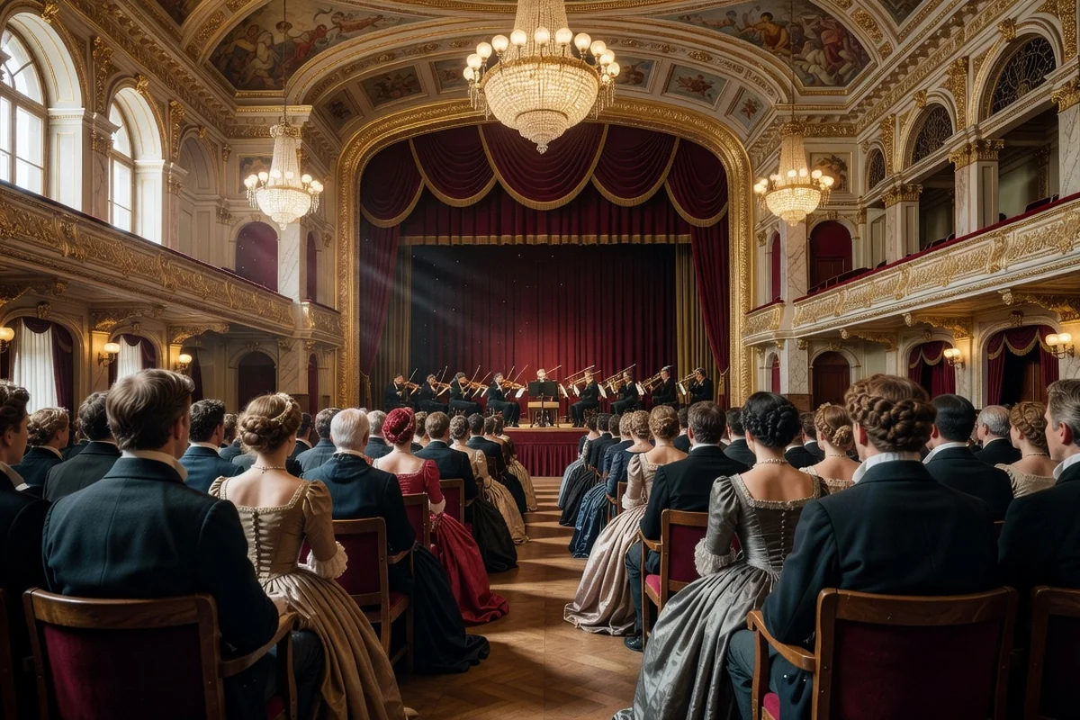 Salle de concert moscovite du XIXe siècle pendant un concert, public en tenue d'époque vu de dos, orchestre sur scène sous les lustres