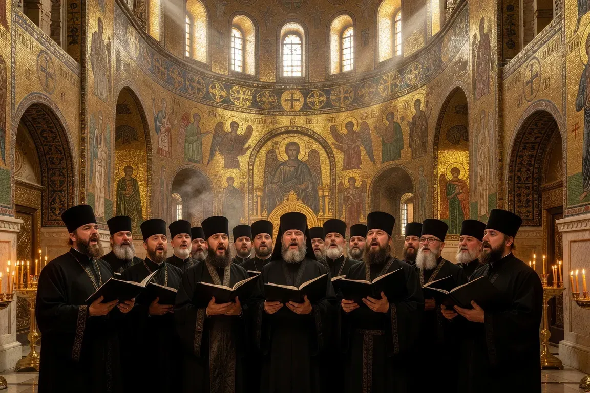 Chœur orthodoxe russe en robes noires, chant liturgique dans une cathédrale byzantine dorée, lumière de cierges