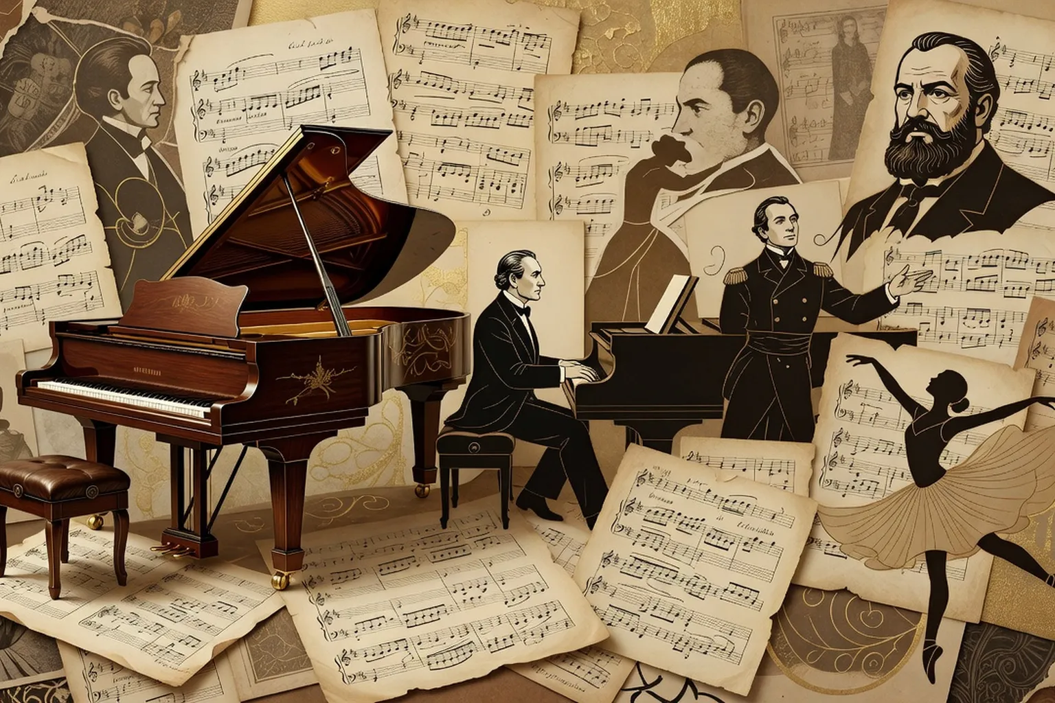 Collage évocateur piano, partitions, portraits stylisés d'époque, panorama compositeurs russes