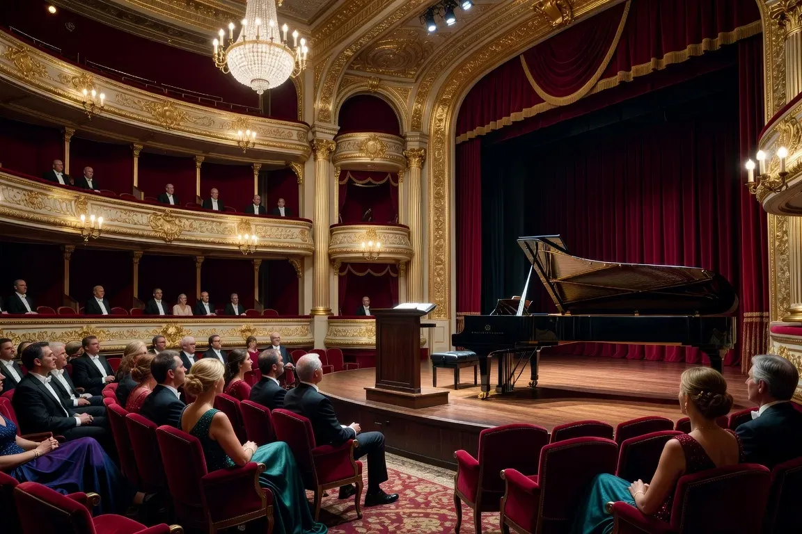 Grande salle de concert française éclairée pour un récital, balcons dorés, projecteurs et scène préparée pour orchestre (atmosphère lyrique)