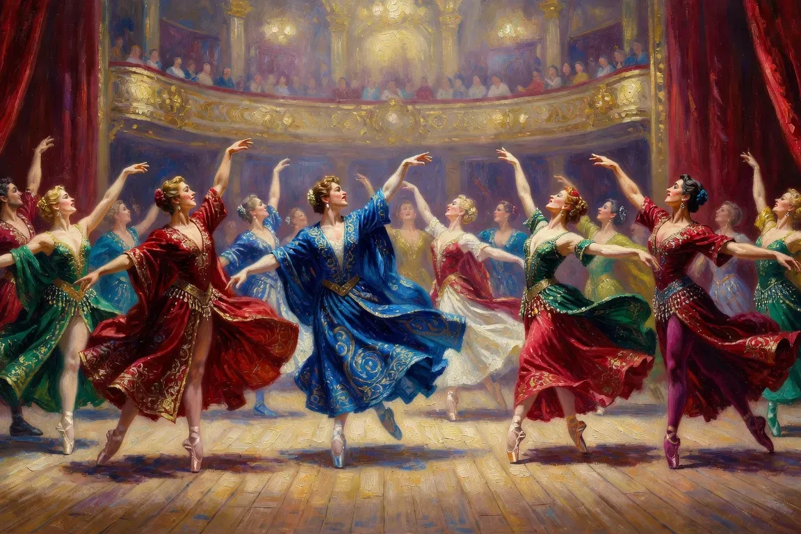 Scène de ballet russe des années 1920 à Paris, danseurs en costumes colorés dessinés par Bakst, lumière théâtrale dramatique