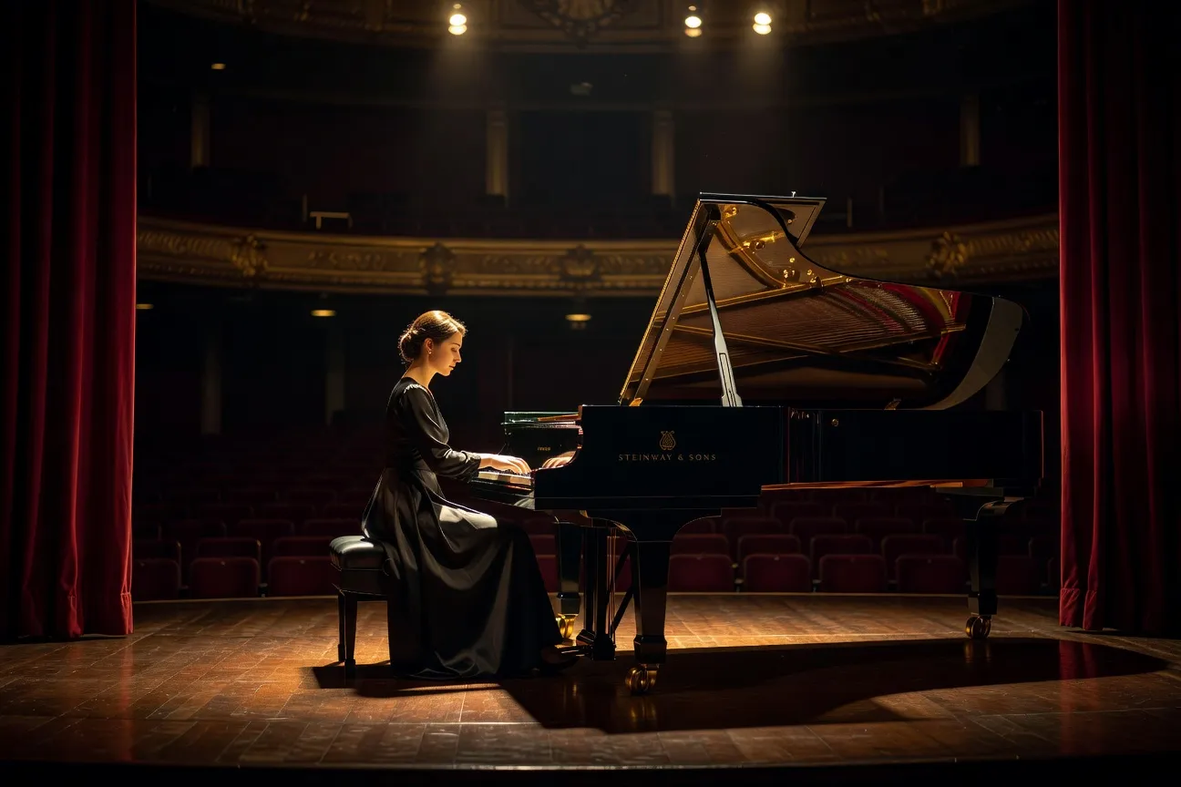 Pianiste concertiste au piano de concert Steinway, lumière dorée de scène, salle obscure en arrière-plan