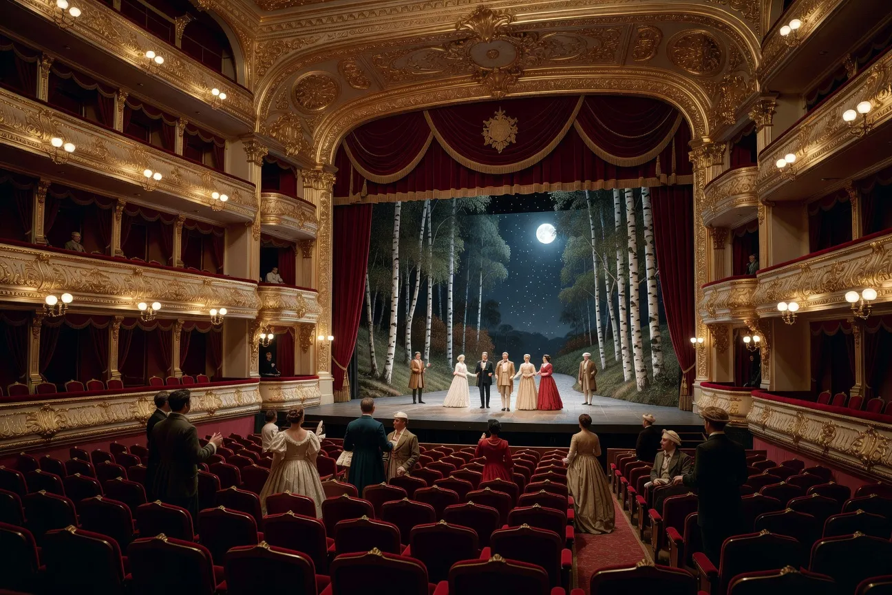 Intérieur d'un opéra russe du XIXe siècle, décor de domaine campagnard avec bouleaux, costumes d'époque sur scène