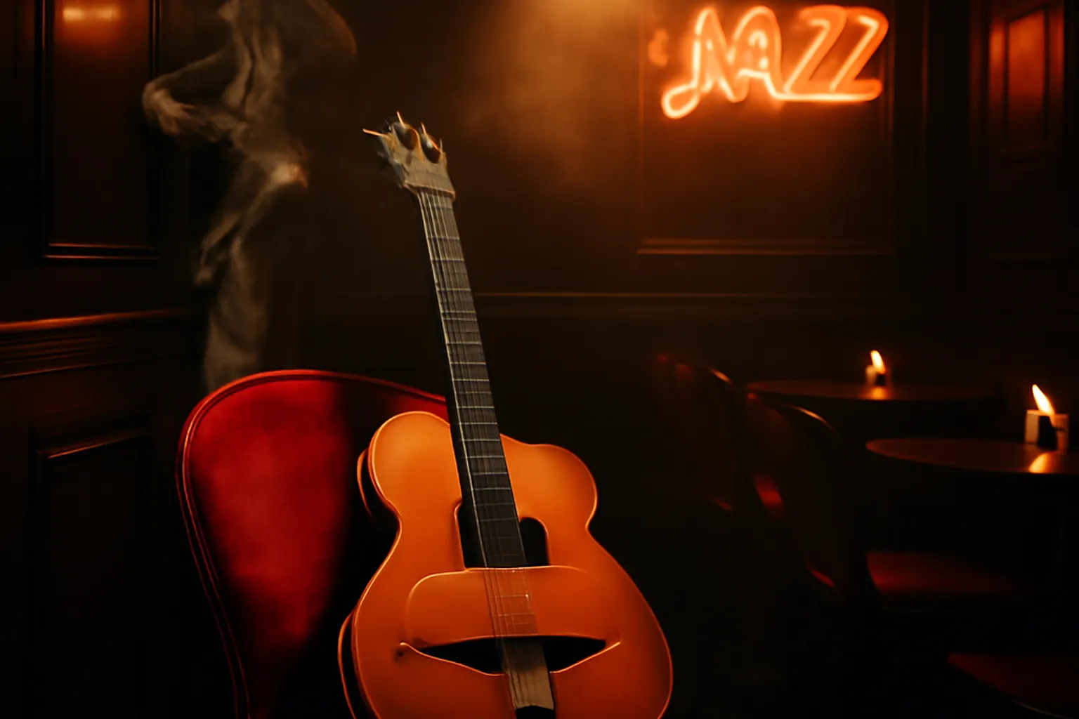 Guitare acoustique de jazz manouche dans un club parisien, fumée cigare et lumière tamisée, tradition Django Reinhardt