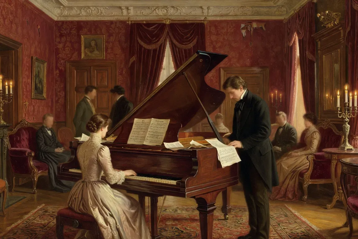 Salon musical du XIXe siècle en Russie, grand piano, chandeliers, partitions ouvertes, atmosphère romantique impériale