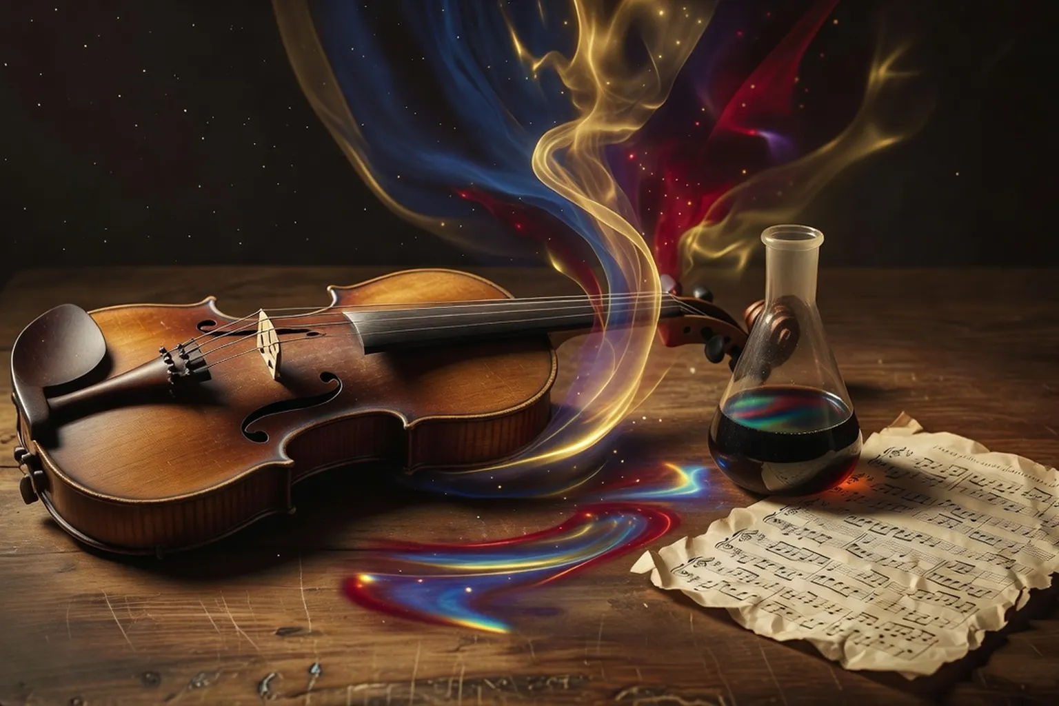 Composition artistique évoquant trois univers de compositeurs russes : violon, harmonies colorées symbolisant la synesthésie, cornue de laboratoire de chimie posée près d'une partition