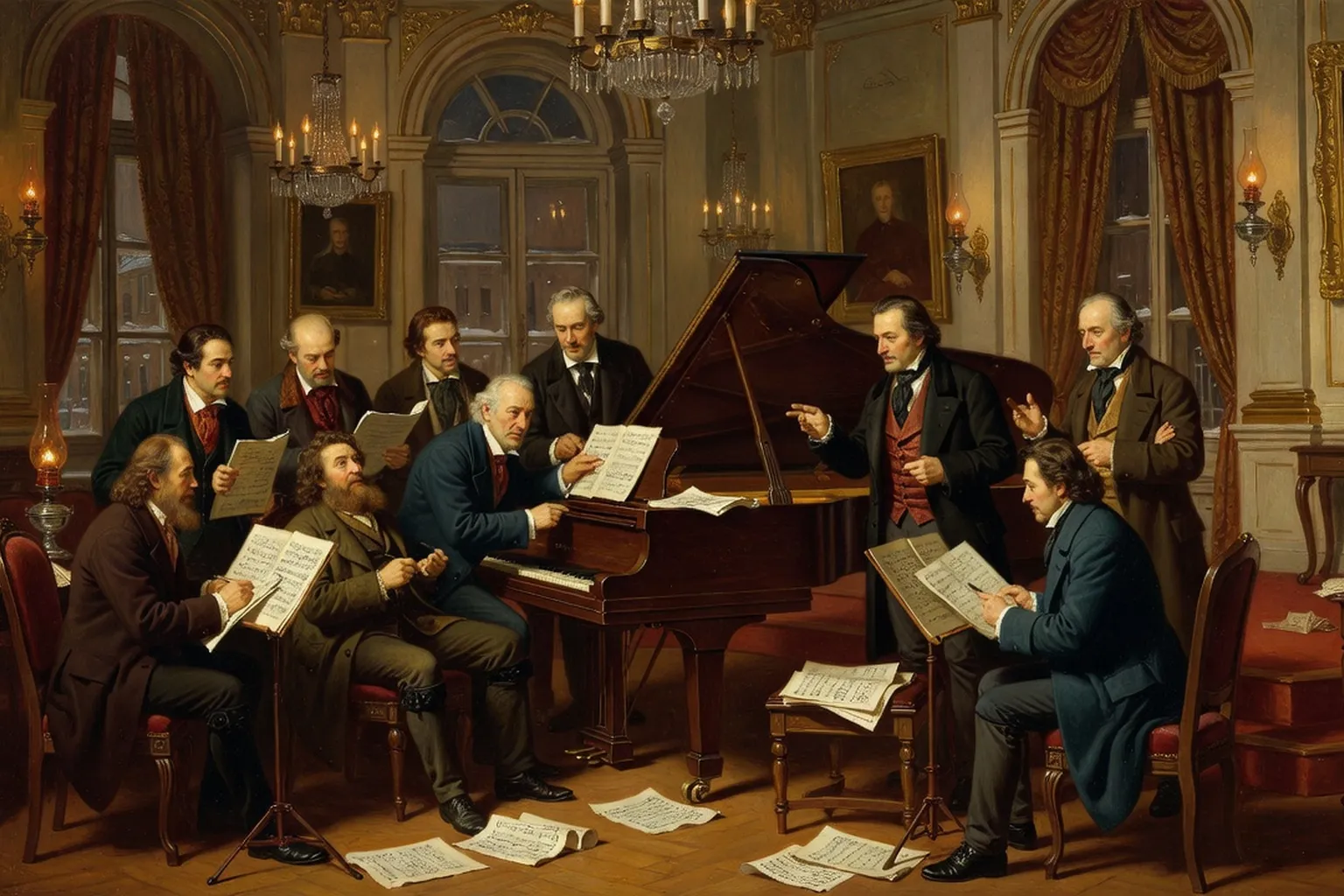 Salle du Conservatoire de Saint-Pétersbourg au XIXe siècle, compositeurs réunis autour d'un piano à queue, partitions manuscrites éparpillées, lumière de lampes à huile
