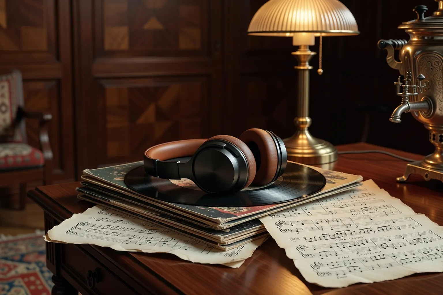 Casque audio posé sur une pile de vinyles et de partitions, ambiance chaleureuse évoquant la découverte musicale
