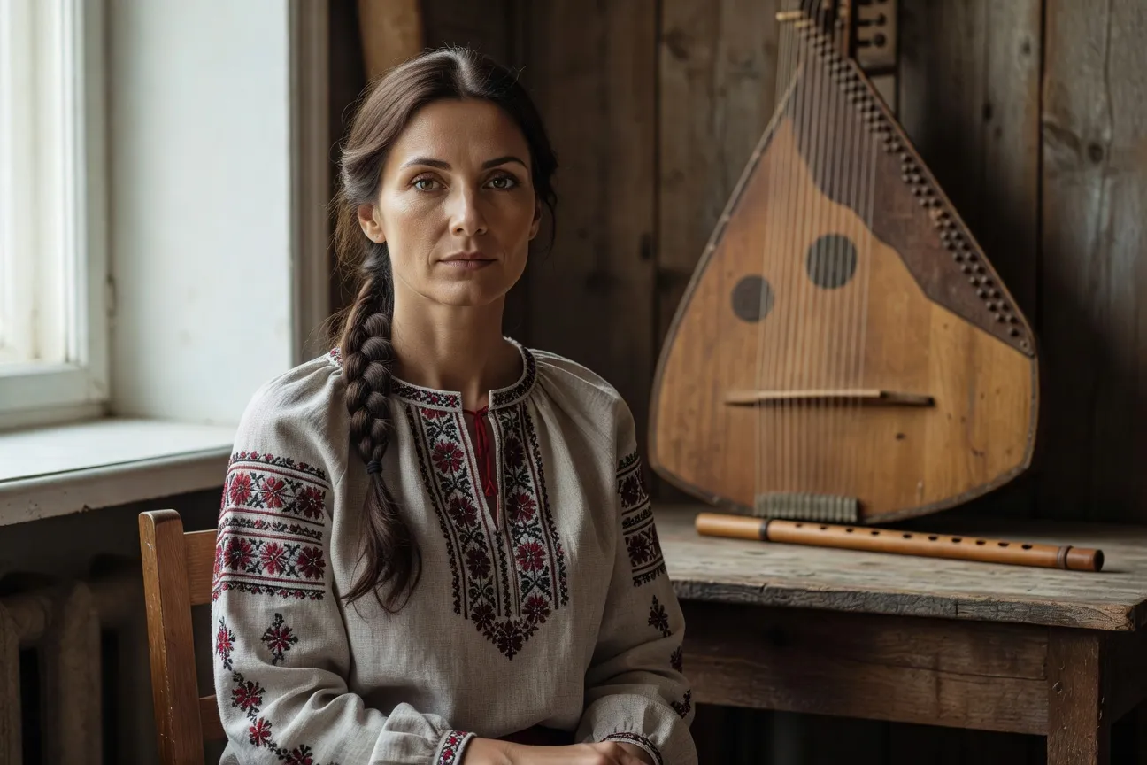 Portrait éditorial d'une ethnomusicologue ukrainienne, instruments folkloriques et partitions en arrière-plan, lumière naturelle (photo de studio)