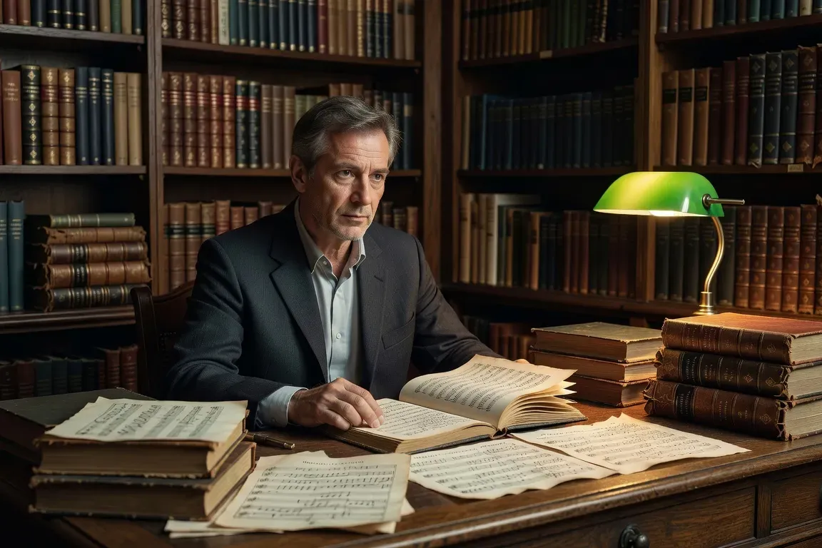 Portrait éditorial d'un musicologue dans sa bibliothèque, partitions et livres en arrière-plan, lumière d'étude (photo de studio)