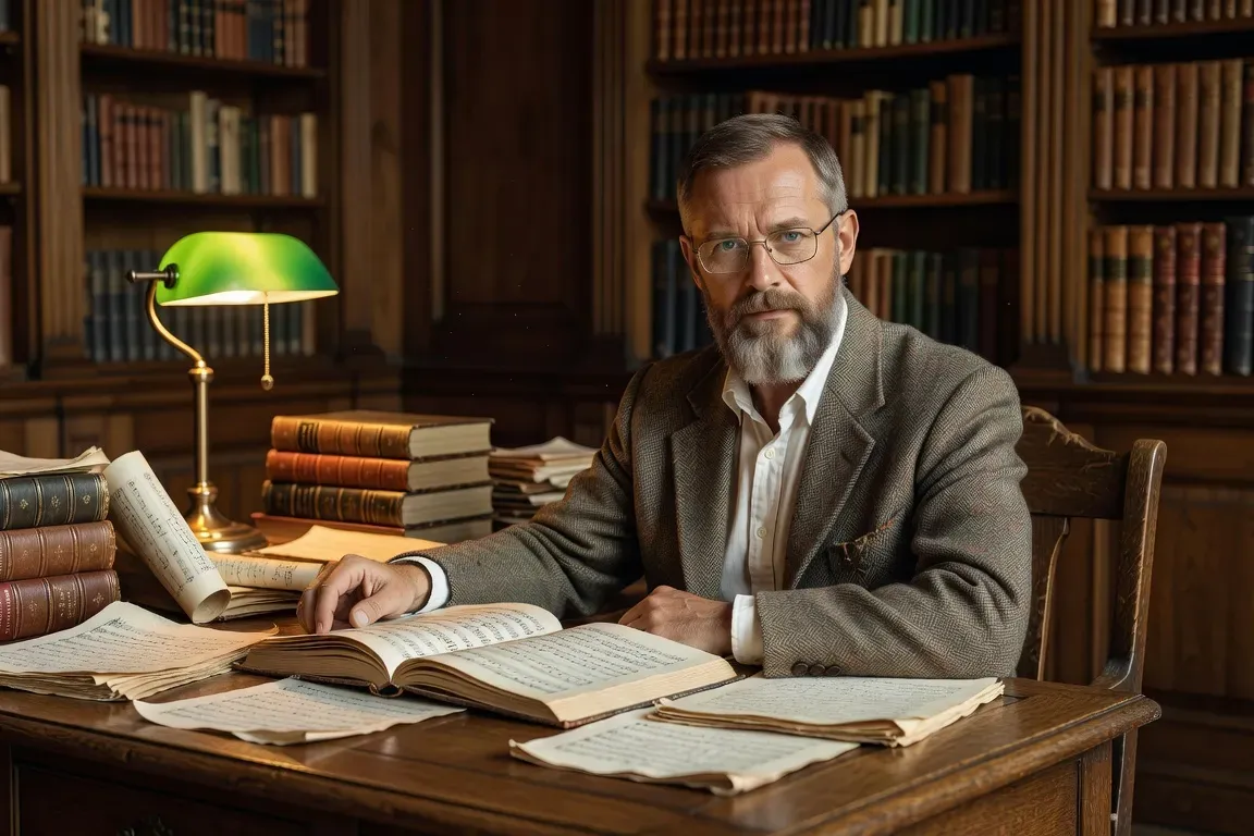 Musicologue franco-russe à son bureau entouré de partitions et livres de musique, lumière naturelle de bibliothèque