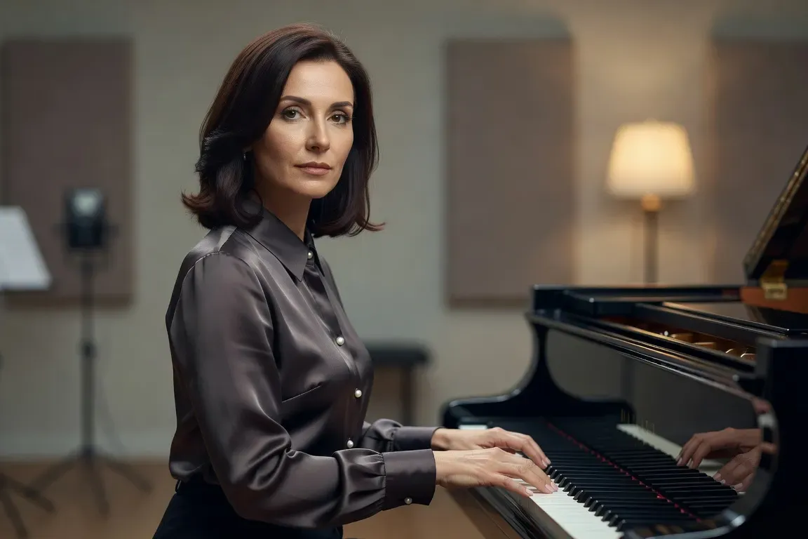 Pianiste professionnelle russe en studio, lumière douce, portrait élégant pour interview musicale