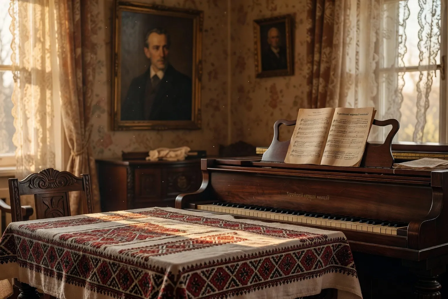 Salon de musique a Kiev vers 1890, piano-forte, portrait de Taras Chevtchenko au mur, partitions ouvertes (scene d'époque Kyiv)