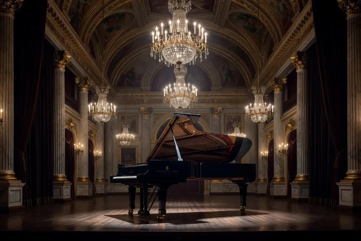 Grande salle de concert russe éclairée, piano à queue Steinway au centre du plateau, lumières chaudes (scène d'époque)