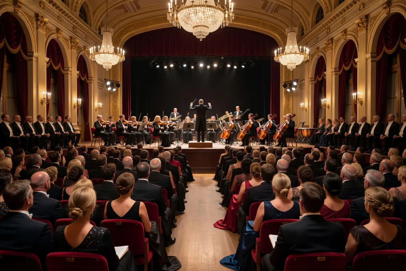 Salle de concert française pleine, chef d'orchestre sur scène, lumière chaude de concert, vue grand angle