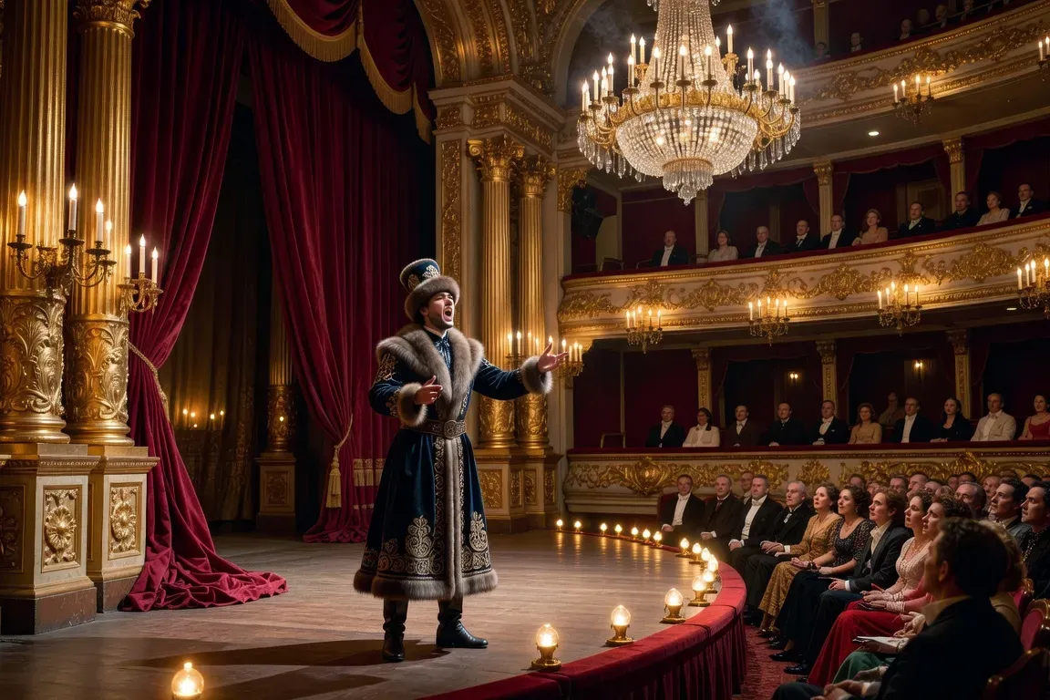 Scène d'opéra du XIXe siècle avec décors fastueux, costumes historiques russes, chandelier et rideau cramoisi (reconstitution d'époque)