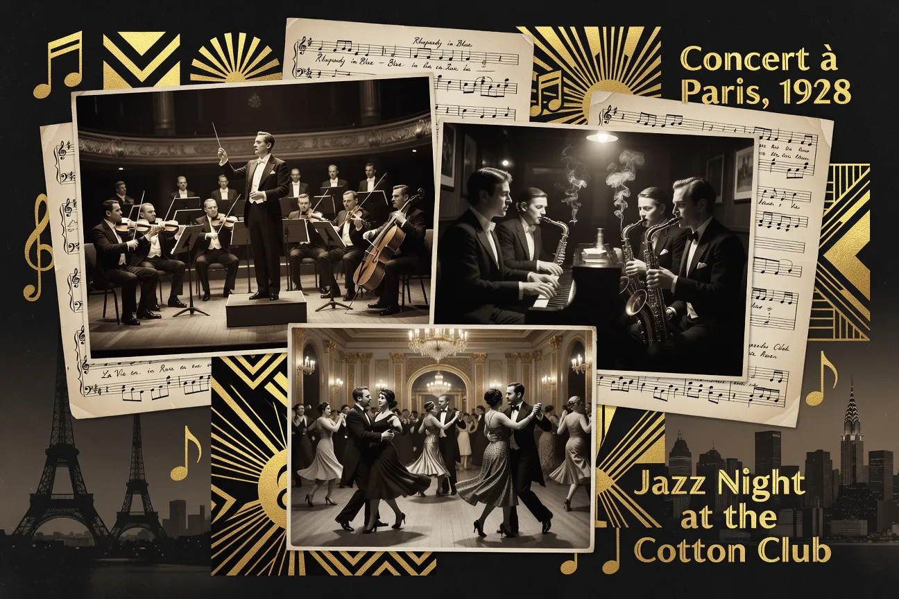 Montage de trois portraits photographiques vintage des années 1920-1930, vie musicale européenne en arrière-plan